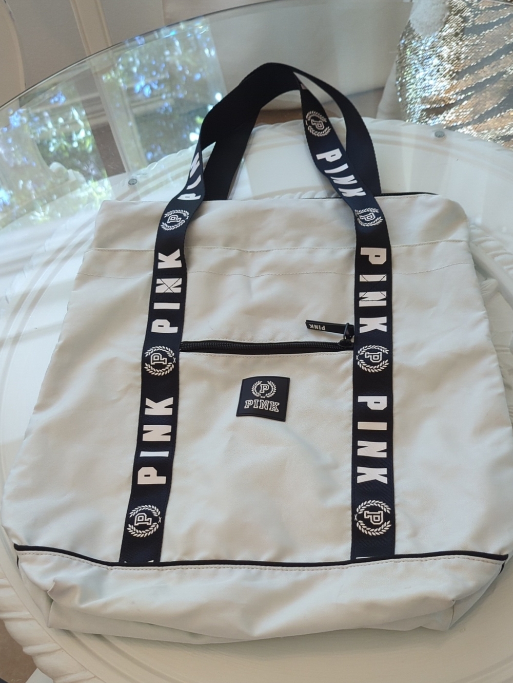 PINK Victoria's Secret White/Mint Tote with Black Logo Straps 17X 18